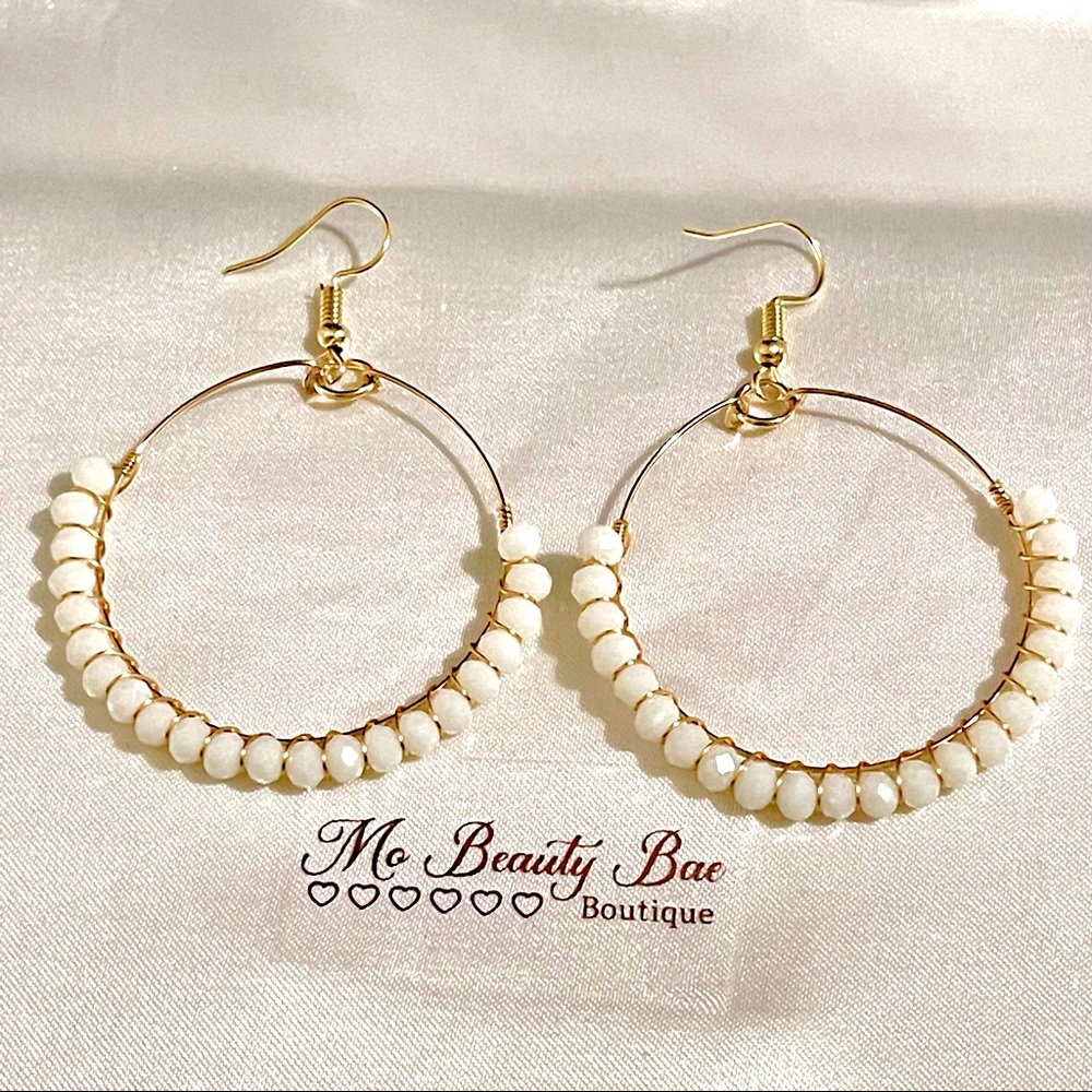 Beaded White Hoop Earrings